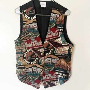 Vintage Denim Republic Tapestry Vest Large Travel Cities 90s Retro USA Boho L